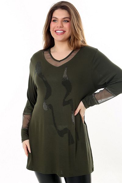 Kheos V-neck Stone Embroidered Comfortable and Flowy Fit Long Sleeve Plus Size Blouse with Tulle Detail on Collar and Sleeve