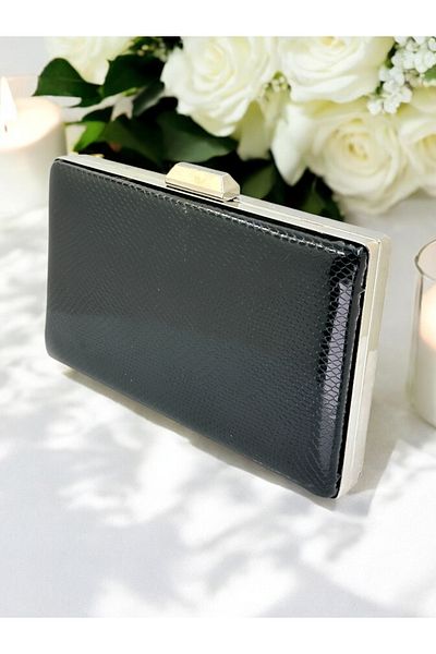 Ahenk Design Black Color Herringbone Patterned Shiny Patent Leather Women's Evening Dress Bag Wedding Engagement