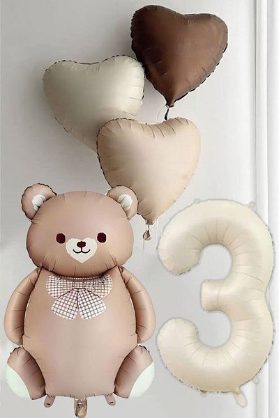Atölye Mi 3 Year Old Birthday Caramel Bow Tie Bear and 3 Retro Heart Balloons Balloon Set