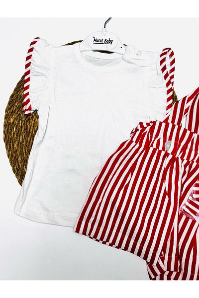 cacobutik Striped Sleeves Frilly Textured Crepe Fabric Baby Girl Salopet Set