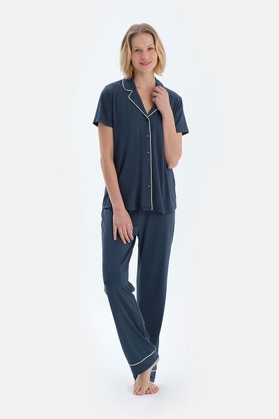 Dagi Set de pijamale cu pantaloni de cămașă de bază cu mânecă scurtă bleumarin