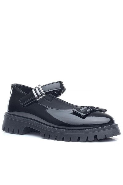 Rakerplus Black Patent Leather Thick Soled Velcro Girls' Ballerina School Shoes