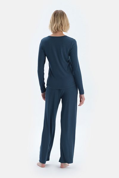 Dagi Navy Blue V-Neck Viscose Camisole T-Shirt Pants Pajama Set
