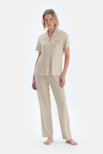Dagi Green Striped Embroidery Detail Shirt Pants Pajamas Set