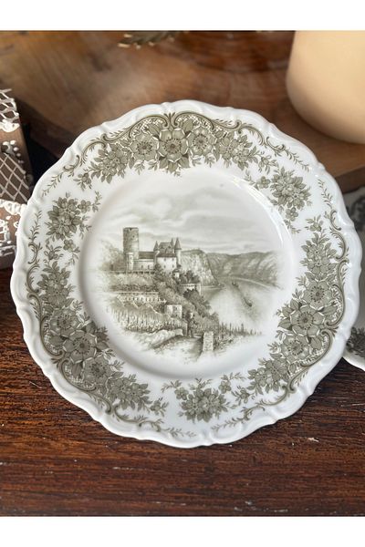 Bavaria Antique German Porcelain Bavaria Stamped Castle Patterned Brown Dark Green Cake Dessert Plate 19.5 cm