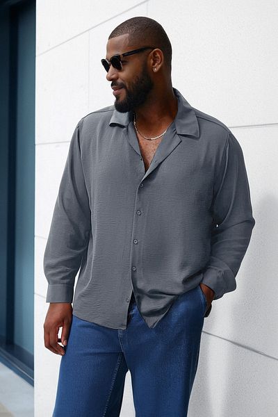 Trendyol Collection Gray Regular Fit Apache Collar Summer Linen Look Large Size Shirt Tmnss24Ax00012