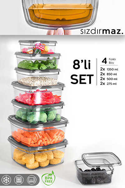 Meleni Home 8'li Kare Sızdırmaz Saklama Kabı Seti - Düzenleyici Erzak Kabı 2x...