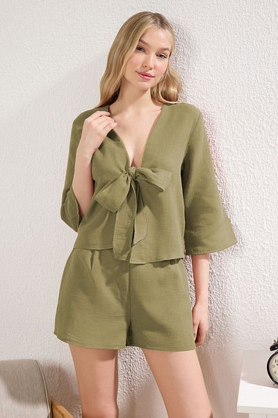 Trendyol Collection Khaki 100% bavlna šněrování/stuha/mašle Detailní sada tkaných pyžama z mušelínu THMSS24PT00077