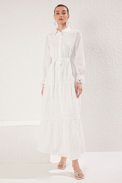 Trendyol Modest Екрю вишивка деталізована лляна підкладка ткане плаття максі TCTSS25EB00058