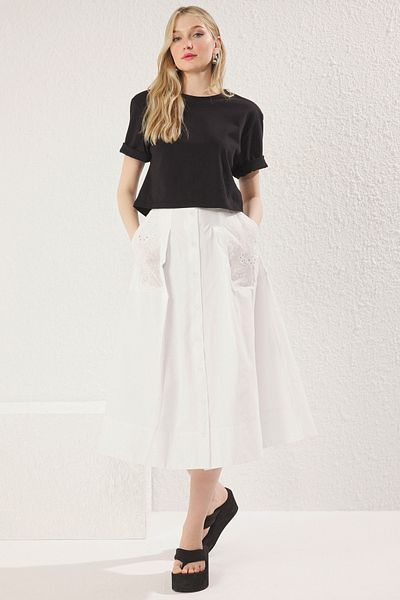 Trendyol Collection Fusta maxi din bumbac brodat brodat - Detaliu cu nasturi albi, TWOSS25ET00127