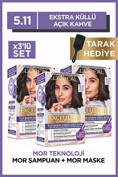 L'Oreal Paris Excellence Cool Creme Saç Boyası – 5.11 Ekstra Küllü Açık Kahve 3'lü Set Tarak Hediyeli