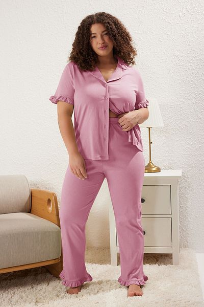 Trendyol Curve Dusty Rose ujjú fodros inggallér kötött pizsama szett TBBSS25AI00001