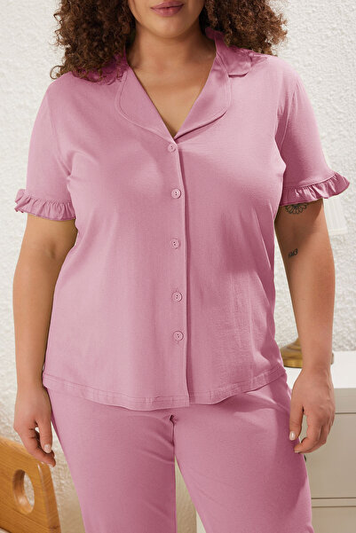 Trendyol Curve Dusty Rose Sleeves Ruffled Shirt Collar Knitted Pajamas Set Tbbss25Ai00001