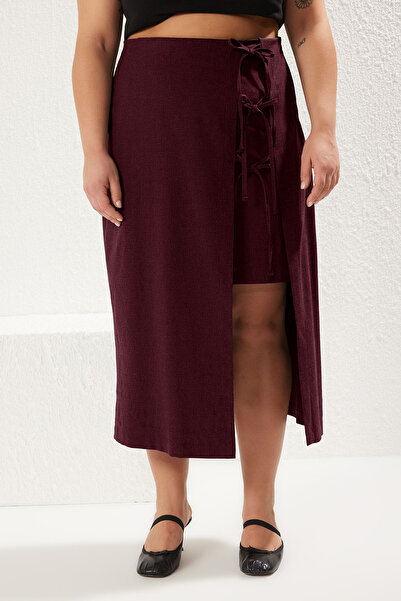 Trendyol Curve Burgundy Bow/Lace-Up Midi Woven Plus Size Skirt Tbbaw25Az00029