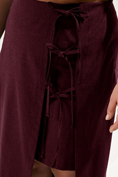 Trendyol Curve Burgundy Bow/Lace-Up Midi Woven Plus Size Skirt Tbbaw25Az00029
