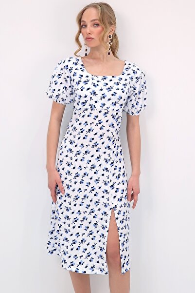 Trend Alaçatı Stili Γυναικείο Λευκό Τετράγωνο Γιακά Φόρεμα Πλάτης με Δαντέλα με Σχιστό σχέδιο ALC-X11590