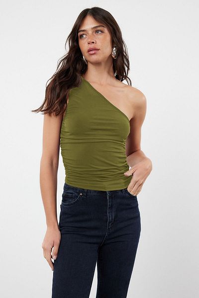 Trendyol Collection Ölgrüne, geraffte, detaillierte, einschultrige, dehnbare Strickbluse TWOSS21BZ0590
