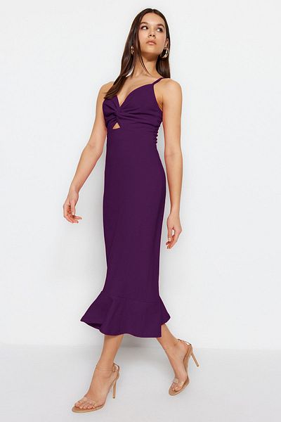 Trendyol Collection Μίνι πλεκτό φόρεμα κρεπ μωβ με λουράκι - Κομμένο και λεπτομέρεια βολάν, λαιμόκοψη Sweetheart TWOSS23EL02097