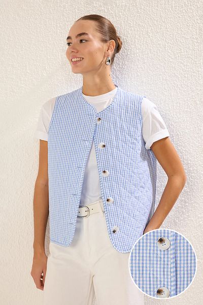 Trendyol Collection Vestă albastră în carouri - Regular Fit TWOSS25YE00061