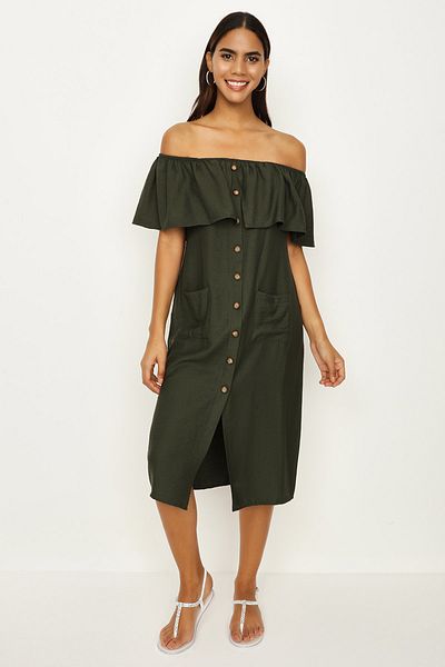 Select Moda Women's Khaki Carmen Collar Button Detailed Dress