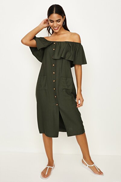 Select Moda Women's Khaki Carmen Collar Button Detailed Dress