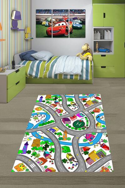 on the clouds Araba Yollu Trafik Yolu Oyun Halısı Dijital Baskılı Kaymaz Taba...