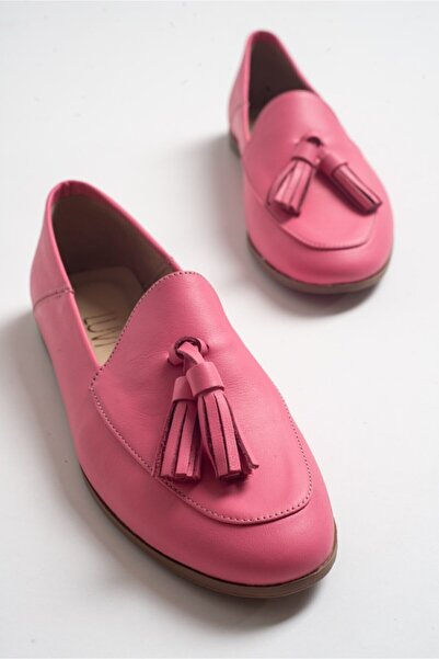 LuviShoes F04 Pembe Cilt Hakiki Deri Püsküllü Kadın Loafer Ayakkabı