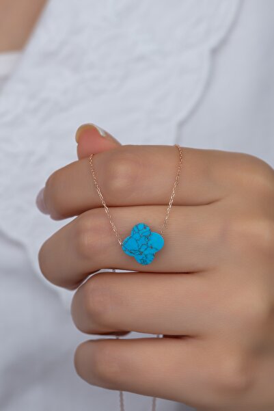 Nereze 925 Ayar Gümüş Mavi Firuze Taşlı Yonca Kolye