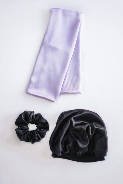 pistore Μαύρο σατέν σετ κεφαλόδεσμου, λιλά μαξιλαριού και φουρκέτας για μπούκ...