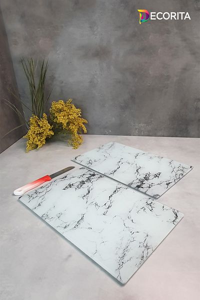 Decorita Set of 2 White Marble Look Glass Cutting Board and Table - 20cm X 30cm