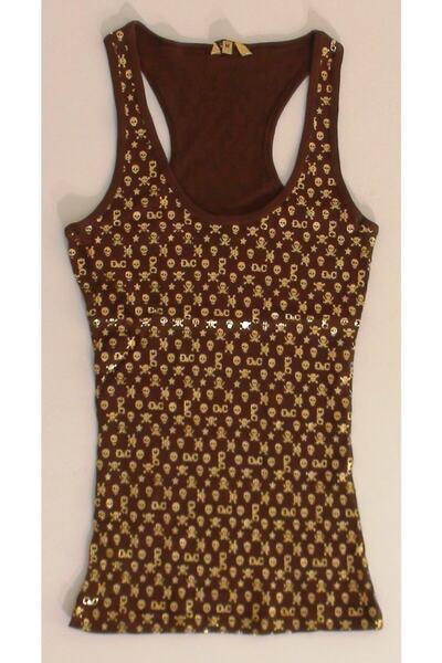 mAddog Women's Strappy Lycra Brown T-shirt / Small Skull Pattern