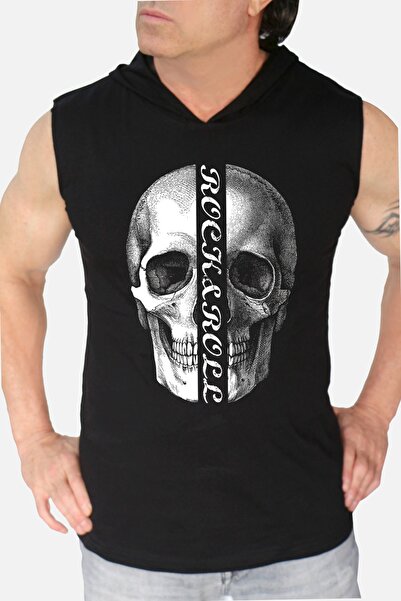 ROCKANDROLL Tricou fără mâneci cu glugă cu jumătate de craniu negru pentru bă...