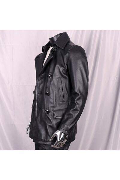 DESARO Erkek Siyah Trençkot Hakiki Deri Kruvaze Yaka