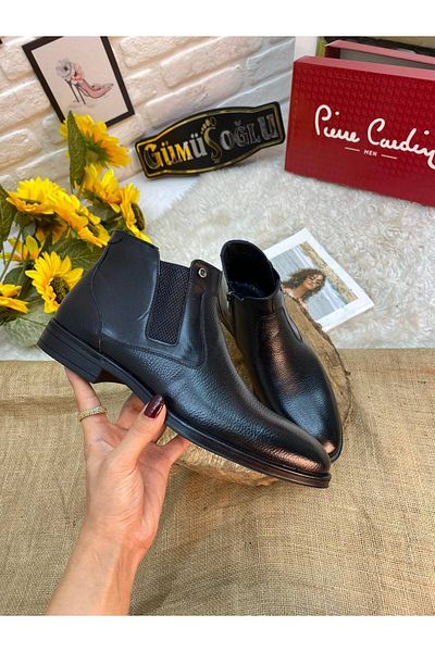 Pierre Cardin Full Orthopedic Sole Black Genuine Leather Chelsea Model Zippered Men's Boots
