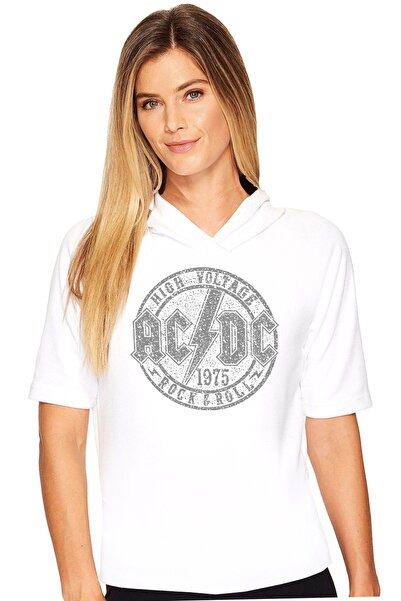 ROCKANDROLL Tricou cu mânecă scurtă cu glugă Acdc pentru femei, alb plat