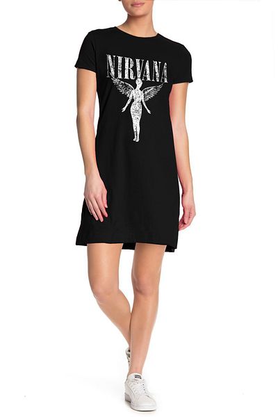 ROCKANDROLL Women's Black Angel Nirvana Short Sleeve Combed Cotton T-shirt Dress