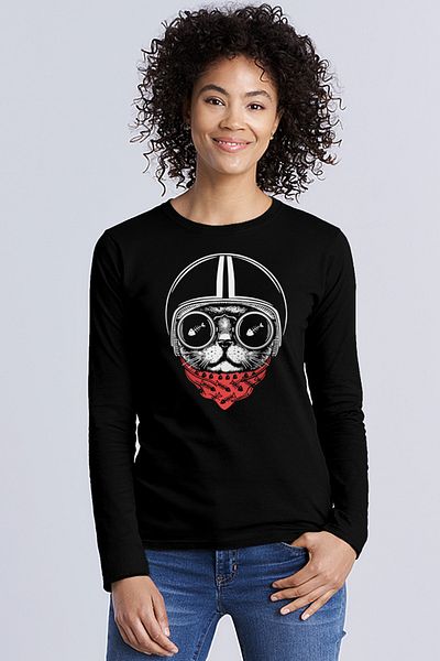 ROCKANDROLL Tricou din bumbac pieptănat cu mânecă lungă pentru femei, cu cască neagră