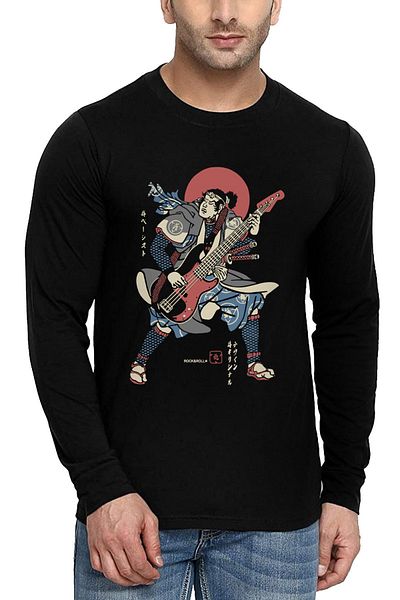 ROCKANDROLL Tricou din bumbac pieptănat cu mânecă lungă, negru, japonez Bass