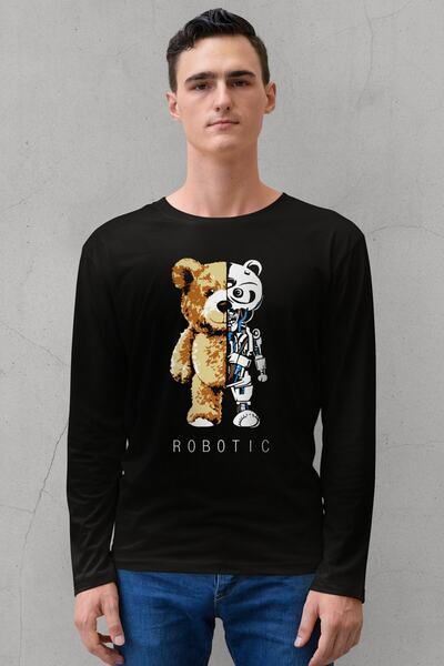 ROCKANDROLL Tricou negru din bumbac pieptănat cu mânecă lungă pentru bărbați