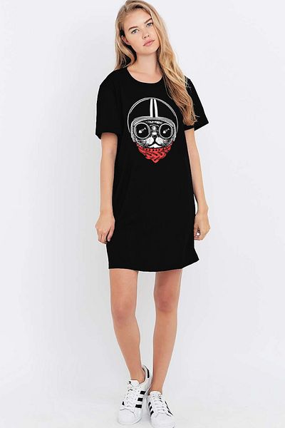 ROCKANDROLL Rochie tricou pisică cu mânecă scurtă din bumbac pieptănat cu cască neagră