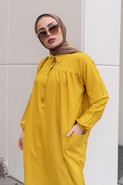 benguen 8222 Side Slit Robe Gathered Tunic Yellow