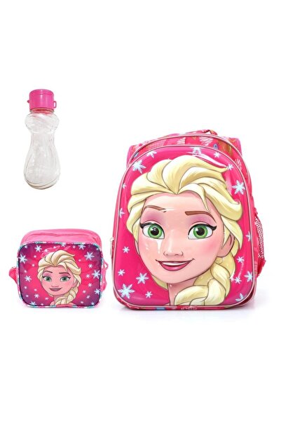 Mashotrend Kabartmalı Elsa Baskılı Pembe Çanta + Beslenme + Suluk - Okul Çant...