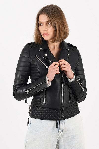 ALİN Venus Biker Style Black Genuine Leather Women's Coat