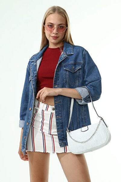 Güce White Croco Patterned Thin Chain Baguette Baguette Bag Gc011501k