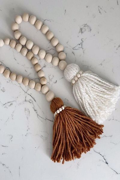 Emtory Home Σετ 2 Διακοσμητικές Ξύλινες Χάντρες Κουρτίνα & Στολίδι Τοίχου Καφέ και Λευκό