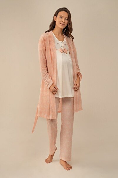 Feyza 4119 Kadın Jakar Kumaş Kuşaklı 3'lü Lohusa Takım