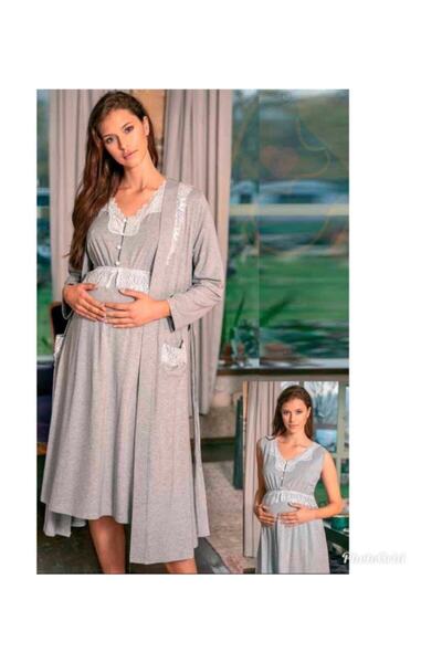 Anıl Gray Melange Maternity Nightgown Dressing Gown Set New Season