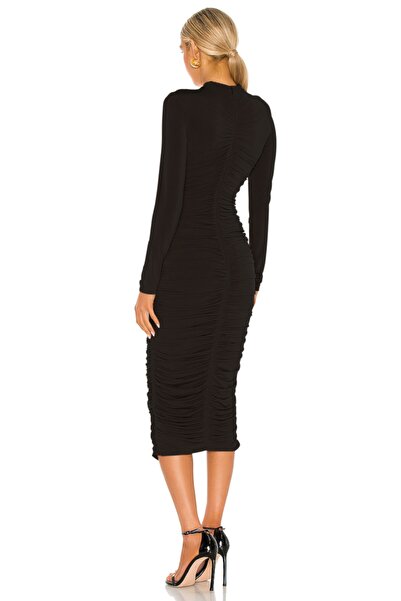 By Kul Design Μαύρο Γυναικείο Φόρεμα Midi Μεταξωτό Τζέρσεϊ - Με κορδόνια