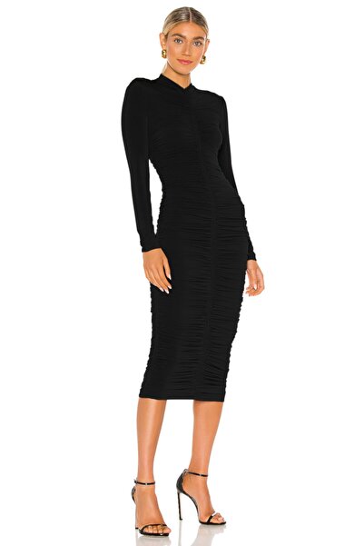 By Kul Design Μαύρο Γυναικείο Φόρεμα Midi Μεταξωτό Τζέρσεϊ - Με κορδόνια