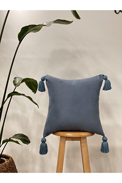 Hestia Home Kırlent Kılıfı Yastık Kılıfı Püsküllü Keten Mavi 40x40 Cm
